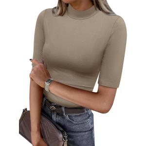 imageANRABESS Women Tops Mock Neck 12 Short Sleeve Slim Fit Basic Tee Shirts Dressy Work Business 2025 Summer Fall Casual OutfitsKhaki