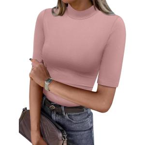 imageANRABESS Women Tops Mock Neck 12 Short Sleeve Slim Fit Basic Tee Shirts Dressy Work Business 2025 Summer Fall Casual OutfitsPink