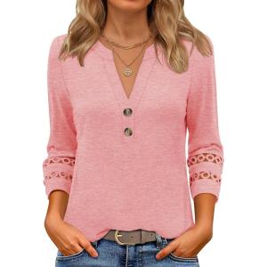 imageANRABESS Womens 34 Length Lace Sleeve Tops Henley V Neck Shirts Dressy Casual Business Blouses 2025 Fall TShirts OutfitsCoral