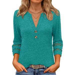 imageANRABESS Womens 34 Length Lace Sleeve Tops Henley V Neck Shirts Dressy Casual Business Blouses 2025 Fall TShirts OutfitsCyan Green