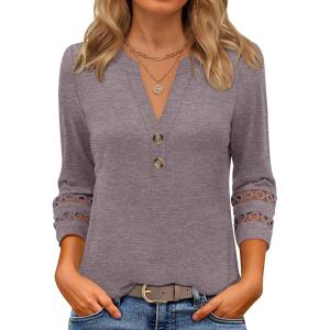imageANRABESS Womens 34 Length Lace Sleeve Tops Henley V Neck Shirts Dressy Casual Business Blouses 2025 Fall TShirts OutfitsTaupe