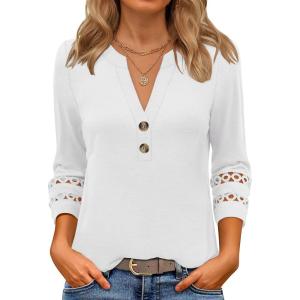 imageANRABESS Womens 34 Length Lace Sleeve Tops Henley V Neck Shirts Dressy Casual Business Blouses 2025 Fall TShirts OutfitsWhite