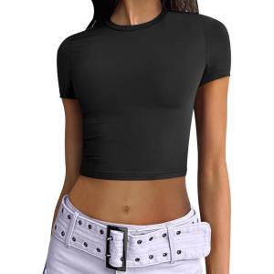 imageANRABESS Womens Basic Tee Summer Outfits Crewneck Short Sleeve Crop Tops Slim Fitted T Shirts Y2k 2025 Trendy ClothingBlack
