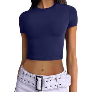 imageANRABESS Womens Basic Tee Summer Outfits Crewneck Short Sleeve Crop Tops Slim Fitted T Shirts Y2k 2025 Trendy ClothingDark Blue