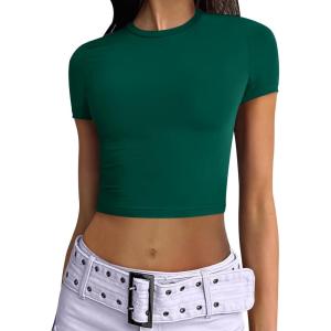 imageANRABESS Womens Basic Tee Summer Outfits Crewneck Short Sleeve Crop Tops Slim Fitted T Shirts Y2k 2025 Trendy ClothingGreen