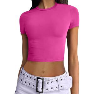 imageANRABESS Womens Basic Tee Summer Outfits Crewneck Short Sleeve Crop Tops Slim Fitted T Shirts Y2k 2025 Trendy ClothingHot Pink
