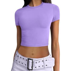 imageANRABESS Womens Basic Tee Summer Outfits Crewneck Short Sleeve Crop Tops Slim Fitted T Shirts Y2k 2025 Trendy ClothingLight Purple