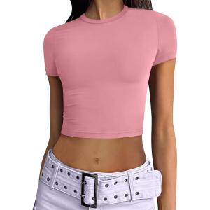 imageANRABESS Womens Basic Tee Summer Outfits Crewneck Short Sleeve Crop Tops Slim Fitted T Shirts Y2k 2025 Trendy ClothingPink