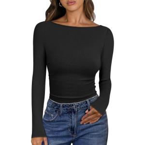 imageANRABESS Womens Boat Neck Long Sleeve Shirts Rib Knit Slim Fitting Tops Basic Tees 2025 Casual Comfy Fall Outfits ClothesBlack