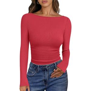 imageANRABESS Womens Boat Neck Long Sleeve Shirts Rib Knit Slim Fitting Tops Basic Tees 2025 Casual Comfy Fall Outfits ClothesBright Red