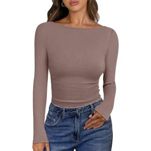 imageANRABESS Womens Boat Neck Long Sleeve Shirts Rib Knit Slim Fitting Tops Basic Tees 2025 Casual Comfy Fall Outfits ClothesBrown