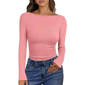 imageANRABESS Womens Boat Neck Long Sleeve Shirts Rib Knit Slim Fitting Tops Basic Tees 2025 Casual Comfy Fall Outfits ClothesCoral Pink