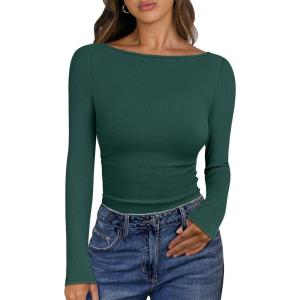 imageANRABESS Womens Boat Neck Long Sleeve Shirts Rib Knit Slim Fitting Tops Basic Tees 2025 Casual Comfy Fall Outfits ClothesForest Green