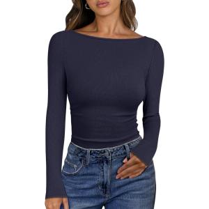 imageANRABESS Womens Boat Neck Long Sleeve Shirts Rib Knit Slim Fitting Tops Basic Tees 2025 Casual Comfy Fall Outfits ClothesNavy Blue
