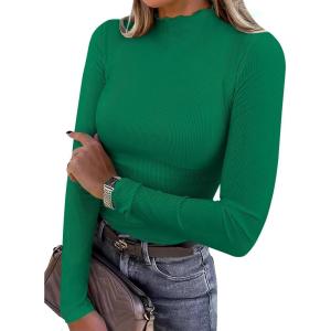 imageANRABESS Womens Lettuce Trim Mock Neck Long Sleeve Tops 2025 Casual Dressy Ribbed Knit Slim Fit Tee Shirt Fall Layer OutfitsGreen