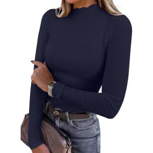 imageANRABESS Womens Lettuce Trim Mock Neck Long Sleeve Tops 2025 Casual Dressy Ribbed Knit Slim Fit Tee Shirt Fall Layer OutfitsNavy Blue