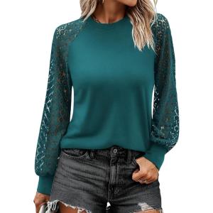 imageANRABESS Womens Long Sleeve Shirts Lace Tops Business Casual Blouses 2025 Fall Fashion OutfitsTeal