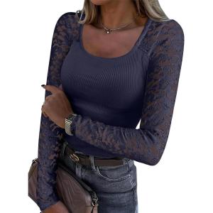 imageANRABESS Womens Long Sleeve Shirts Scoop Neck Lace Going Out Tops Slim Fit Rib Knit Casual Blouses 2025 Fall Fashion OutfitsNavy Blue