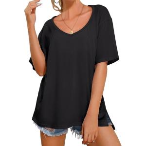 imageANRABESS Womens Oversized T Shirts Short Sleeve V Neck Shirts Summer Casual Loose Slit Tunic Top Fashion 2025 Outfits ClothesBlack