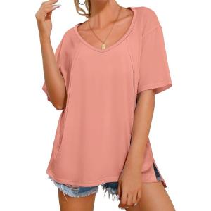 imageANRABESS Womens Oversized T Shirts Short Sleeve V Neck Shirts Summer Casual Loose Slit Tunic Top Fashion 2025 Outfits ClothesCoral