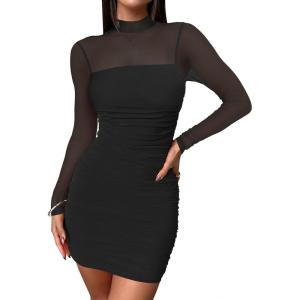imageANRABESS Womens Sexy Bodycon Mesh Ruched Mini Dresses Mock Neck Slim Fall Long Sleeve Cocktail Party Going Out Short DressBlack