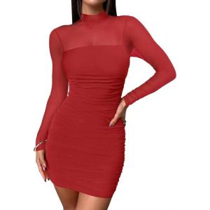 imageANRABESS Womens Sexy Bodycon Mesh Ruched Mini Dresses Mock Neck Slim Fall Long Sleeve Cocktail Party Going Out Short DressRed