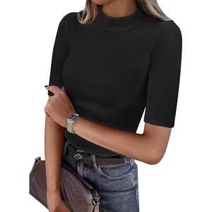 imageANRABESS Womens Tops Mock Neck Half Sleeve Shirts Ribbed Knit Slim Fit Basic Tee 2025 Summer Fall Dressy Casual TShirtsBlack