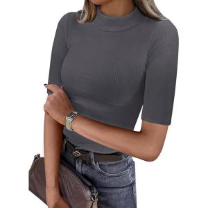 imageANRABESS Womens Tops Mock Neck Half Sleeve Shirts Ribbed Knit Slim Fit Basic Tee 2025 Summer Fall Dressy Casual TShirtsDeep Grey