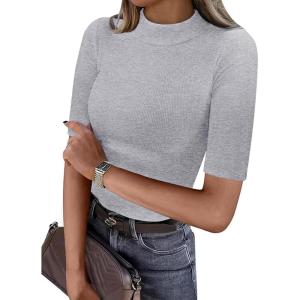 imageANRABESS Womens Tops Mock Neck Half Sleeve Shirts Ribbed Knit Slim Fit Basic Tee 2025 Summer Fall Dressy Casual TShirtsGrey