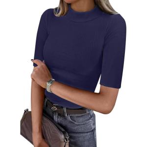 imageANRABESS Womens Tops Mock Neck Half Sleeve Shirts Ribbed Knit Slim Fit Basic Tee 2025 Summer Fall Dressy Casual TShirtsNavy Blue