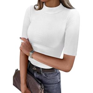 imageANRABESS Womens Tops Mock Neck Half Sleeve Shirts Ribbed Knit Slim Fit Basic Tee 2025 Summer Fall Dressy Casual TShirtsWhite