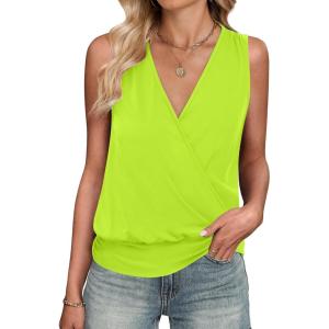 imageANRABESS Womens V Neck Tank Tops Wrap Banded Hem Shirts Sleeveless Ruched Going Out Blouse 2025 Summer Fashion ClothingNeon Green Yellow