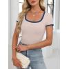 imageANRABESS Women Short Sleeve Tops Square Neck Ribbed Knit Color Block T Shirts Fitted Casual Summer 2025 Trendy Basic TeesBeige