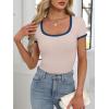 imageANRABESS Women Short Sleeve Tops Square Neck Ribbed Knit Color Block T Shirts Fitted Casual Summer 2025 Trendy Basic TeesBeige