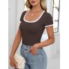 imageANRABESS Women Short Sleeve Tops Square Neck Ribbed Knit Color Block T Shirts Fitted Casual Summer 2025 Trendy Basic TeesCoffee