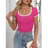 imageANRABESS Women Short Sleeve Tops Square Neck Ribbed Knit Color Block T Shirts Fitted Casual Summer 2025 Trendy Basic TeesHot Pink
