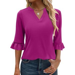 imageANRABESS Blouses for Women Dressy Casual 34 Sleeve V Neck Shirts Business Work Tunic Tops 2025 Fall Outfits ClothesHot Pink