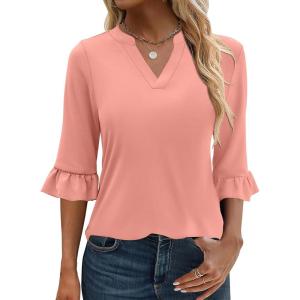 imageANRABESS Blouses for Women Dressy Casual 34 Sleeve V Neck Shirts Business Work Tunic Tops 2025 Fall Outfits ClothesOrange Pink