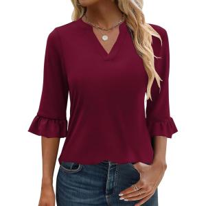 imageANRABESS Blouses for Women Dressy Casual 34 Sleeve V Neck Shirts Business Work Tunic Tops 2025 Fall Outfits ClothesWine Red