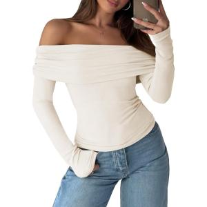 imageANRABESS Long Sleeve Shirt for Women 2025 Fall Off Shoulder Slim Fit Tee Top Sexy Going Out Ruched Blouses Y2K Trendy ClothesAlmond