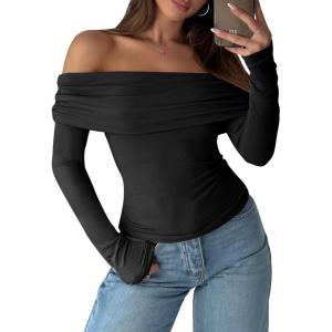 imageANRABESS Long Sleeve Shirt for Women 2025 Fall Off Shoulder Slim Fit Tee Top Sexy Going Out Ruched Blouses Y2K Trendy ClothesBlack