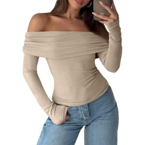 imageANRABESS Long Sleeve Shirt for Women 2025 Fall Off Shoulder Slim Fit Tee Top Sexy Going Out Ruched Blouses Y2K Trendy ClothesKhaki