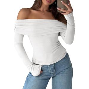 imageANRABESS Long Sleeve Shirt for Women 2025 Fall Off Shoulder Slim Fit Tee Top Sexy Going Out Ruched Blouses Y2K Trendy ClothesWhite