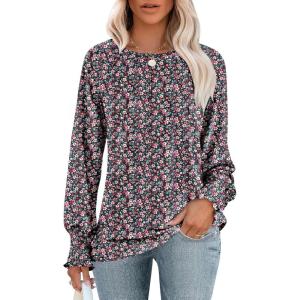 imageANRABESS Long Sleeve Shirts for Women 2025 Fall Dressy Casual Tops Pleated Crewneck Loose Basic Blouses FashionFloral Black