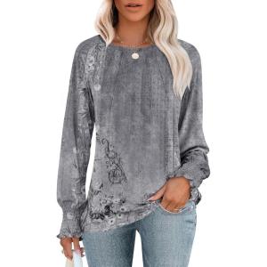 imageANRABESS Long Sleeve Shirts for Women 2025 Fall Dressy Casual Tops Pleated Crewneck Loose Basic Blouses FashionFloral Grey