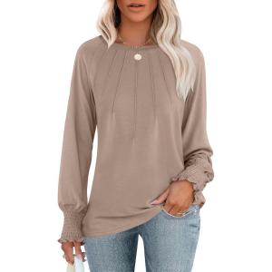 imageANRABESS Long Sleeve Shirts for Women 2025 Fall Dressy Casual Tops Pleated Crewneck Loose Basic Blouses FashionKhaki