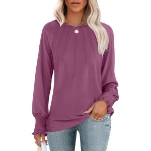 imageANRABESS Long Sleeve Shirts for Women 2025 Fall Dressy Casual Tops Pleated Crewneck Loose Basic Blouses FashionMauve