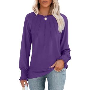 imageANRABESS Long Sleeve Shirts for Women 2025 Fall Dressy Casual Tops Pleated Crewneck Loose Basic Blouses FashionPurple