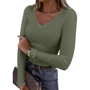 imageANRABESS Long Sleeve Shirts for Women V Neck Ribbed Knit Fitted Fall Basic Tshirts Going Out Tops 2025 Casual Trendy ClothesArmy Green