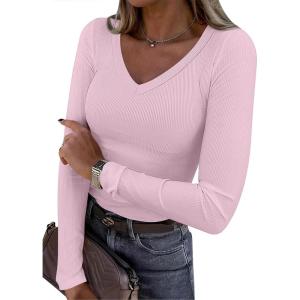 imageANRABESS Long Sleeve Shirts for Women V Neck Ribbed Knit Fitted Fall Basic Tshirts Going Out Tops 2025 Casual Trendy ClothesBright Pink